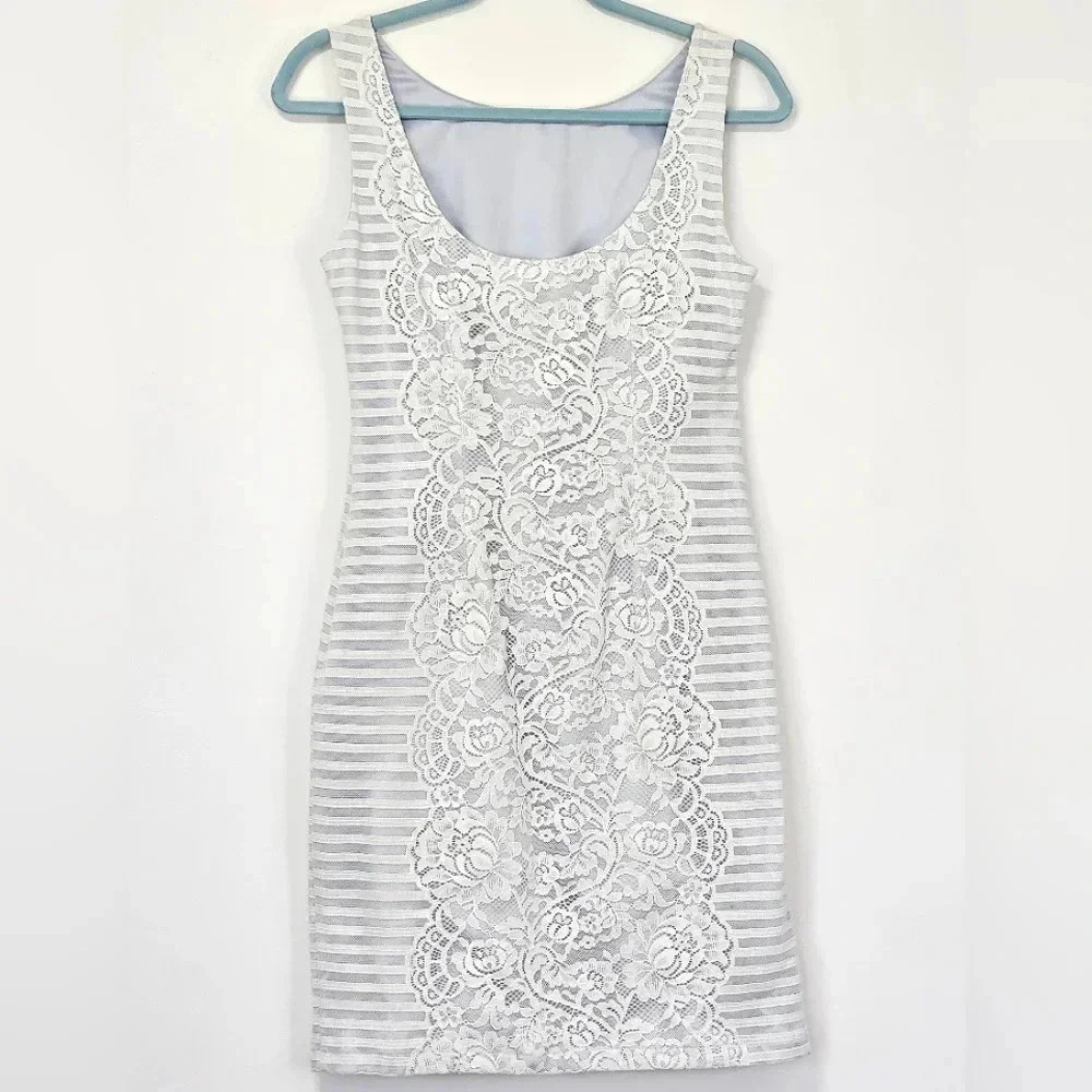 Jessica Simpson White Lace Striped Sheath Dress Size 4 Sleeveless Cocktail Party